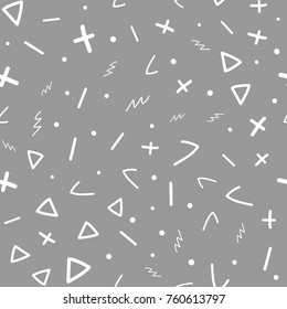Abstract geometric seamless pattern. Sketch, doodle, scribble. White shapes on dark gray background. Vector illustration.