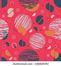 Abstract geometric seamless pattern with sketchy circles on a coral background. Vector design for fabric, invitations and print.