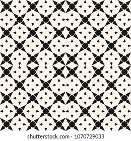 Abstract geometric seamless pattern with small elements, star shapes, triangles, rhombuses. Elegant black and white mosaic texture. Simple monochrome ornament. Oriental style background, repeat tiles