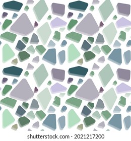 Abstract geometric seamless pattern of small sea-rolled glass pieces. Pebbles on the beach texture. Small rounded shapes. Green, gray, blue, lilac colors