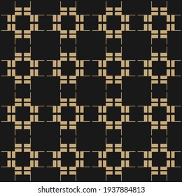 Abstract geometric seamless pattern with square grid, lattice, mesh, net, grill. Simple black and gold vector texture with linear geometrical shapes. Stylish modern golden background. Repeat design