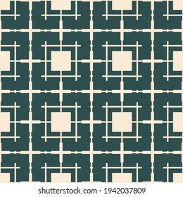 Abstract geometric seamless pattern with square grid, lattice, mesh, net, grill. Simple dark green and beige vector texture. Stylish vintage background. Repeat design for decor, textile, fabric, print