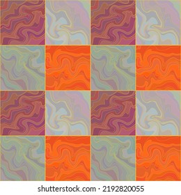 Abstract geometric seamless pattern. Square tiles with wavy fluid layered texture. Purple, orange and gray colorful backdrop