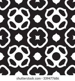 Abstract geometric seamless pattern square, lines, heart, flowers. Symmetry black and white background
