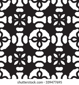 Abstract geometric seamless pattern square, lines, heart, flowers. Symmetry black and white background