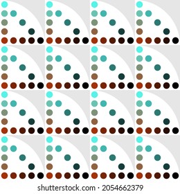 Abstract geometric seamless pattern of squares and circles. Blue, red, black spots arranged on light gray and white background