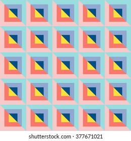 Abstract geometric seamless pattern. Squares, consisting of colored stripes - snorkel blue, serenity, limpet shell, rose quartz, peach echo and buttercup. Vector illustration.