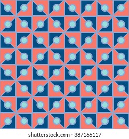 Abstract geometric seamless pattern. Squares made up of peach echo and snorkel blue triangles with a limpet shell circles in the middle. All forms are outlined in serenity. Vector illustration.