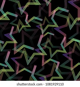 Abstract geometric seamless pattern. Star lines. Iridescent neon on black background.Vector illustration.