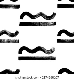 Abstract geometric seamless pattern with straight and wavy lines. Graphic design, textile print. Modern stylish texture with monochrome brush strokes elements. Hand drawn ink illustration.