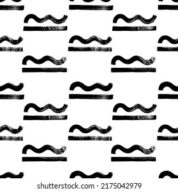 Abstract geometric seamless pattern with straight and wavy lines. Graphic design, textile print. Modern stylish texture with monochrome brush strokes elements. Hand drawn ink illustration.