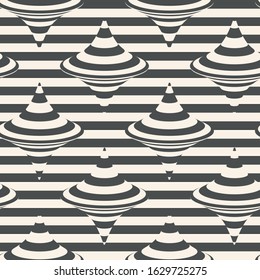 Abstract geometric seamless pattern with striped spinning tops on a striped background. Vector illustration.