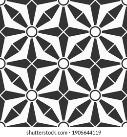 Resumen del patrón geométrico sin costuras. Rombos rayados con un círculo en el centro. Patrón Art Decó. Baldosas del suelo. Diseño plano. Fondo monocromo vectorial.