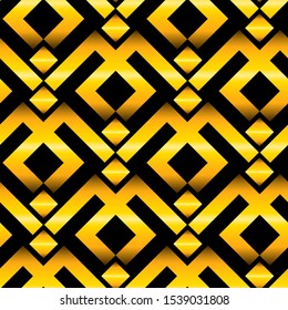 Abstract geometric seamless pattern with stripes, lines, cubes. Vector wallpaper. Gold and black texture.