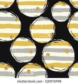 Abstract geometric seamless pattern with stripes and gold glitter elements. Trendy hand drawn textures. Modern abstract design for paper, cover, fabric, interior decor and other users.