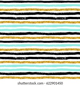 Abstract geometric seamless pattern with stripes and gold glitter texture. Modern abstract design for paper, cover, fabric, interior decor and other users.