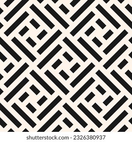 Resumen del patrón geométrico sin costuras. Ornamento elegante con líneas, cuadrados, cuadrícula diagonal, mosaicos de repetición. Sencilla textura geo en blanco y negro. Fondo geométrico moderno. Diseño para decoración, impresión, envoltura