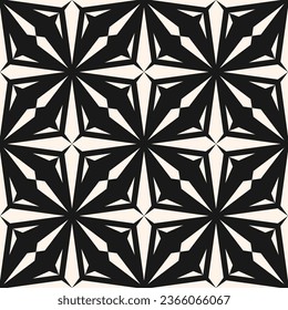 Abstract geometric seamless pattern. Stylish black and white ornament with lines, diamonds, stars, grid, repeat tiles. Simple monochrome geo texture. Modern geometrical background. Repeated design