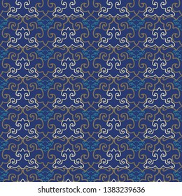 Abstract geometric seamless pattern with stylized ornaments. Vector illustration in yellow, indigo and olive.