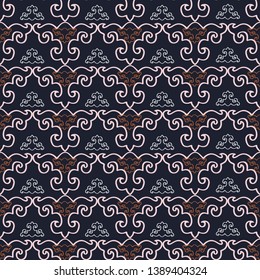 Abstract geometric seamless pattern with stylized ornaments. Vector illustration in orange, pink, white and black.