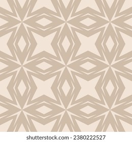 Abstract geometric seamless pattern. Subtle ornament with grid, lines, stars, flower silhouettes, repeat tiles. Simple beige geo texture. Modern geometrical background. Design for decor, print, cover