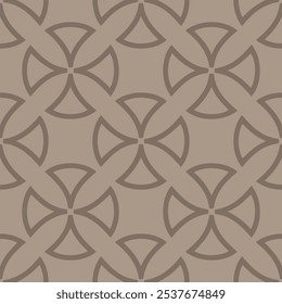 Abstraktes geometrisches nahtloses Muster. Subtile Vektorornament-Textur mit gekrümmten Formen, abgerundeten Kreuzen, Blättern. Eleganter beiger und brauner Hintergrund im gotischen Stil mit mittelalterlichen Motiven. Wiederholter Entwurf