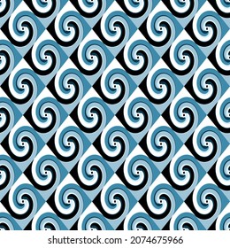 Resumen del patrón geométrico sin costuras. Bañar, espiral, vórtice, ornamento de burbujas. mosaico de azulejos de diamante. Color azul, gris, plata, negro y blanco