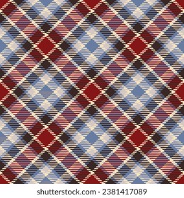 Abstract geometric seamless pattern. Tartan plaid background in purple, blue, red, gray, black, white. Traditional textile diagonal checkered design
