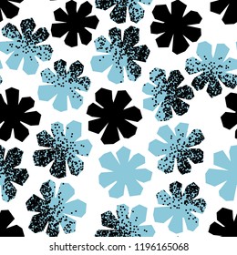 Abstract geometric seamless pattern. Textured shapes, flowers silhouettes. Blue and black colors.