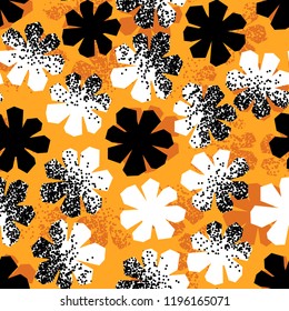 Abstract geometric seamless pattern. Textured shapes, flowers silhouettes.