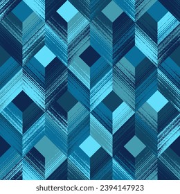 Abstract Geometric Seamless Pattern of Textured Squares and Chevrons Chaotically Colored in Blue Cyan. Fashionable Design for Wallpapers, Wrappings, Products 