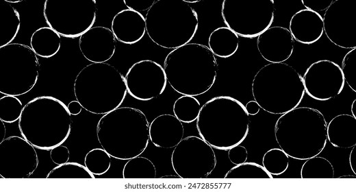 Abstract geometric seamless pattern with textured circles on black. Repeat geometry brush strokes texture. Great for textile, fabric, wallpaper, wrapping, scrapbook and packaging