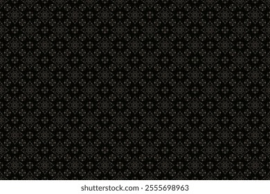 Abstract geometric seamless pattern with Thai style flower outline in gray brown n gold on black background.Vector illustration.For masculine male shirt lady dress textile cover wallpaper decoration 