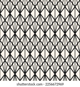 Abstract geometric seamless pattern with thin lines, diamond grid, mesh, lattice, triangles. Elegant monochrome texture in art deco style. Modern minimal ornament background. Black and white design