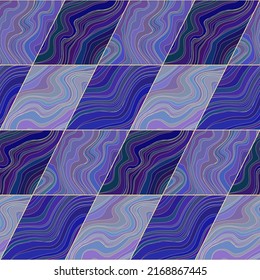 Abstract geometric seamless pattern. Tilted blue diamonds filled with liquid fluid texture of gold wavy lines. Luxury design