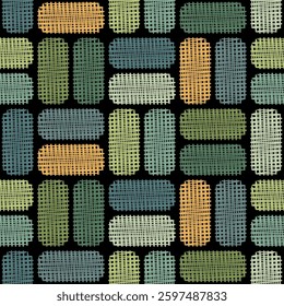 Abstract geometric seamless pattern with a traditional checkered design of green and yellow embroidered rectangles on a black background. Vector illustration for textile, wrapping, and printing.