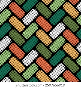Abstract geometric seamless pattern with a traditional herringbone design of embroidered rectangles on a black background. Vector illustration for textile, wrapping paper, cover, and printing.