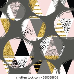 Abstract geometric seamless pattern with trendy glitter and hand drawn textures. Modern abstract design for poster, cover, fabric and other users.