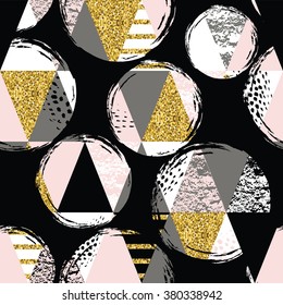 Abstract geometric seamless pattern with trendy glitter and hand drawn textures. Modern abstract design for poster, cover, fabric and other users.