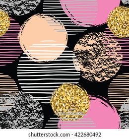 Abstract geometric seamless pattern with trendy glitter and hand drawn textures. Modern abstract design for poster, cover, fabric and other users