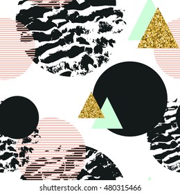 Abstract geometric seamless pattern with trendy glitter and hand drawn textures.