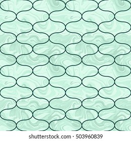 Abstract geometric seamless pattern. Trendy textile or interior wallpaper. Tony natural light beige and green "emerald" color shades. Waves shapes background with marble texture.