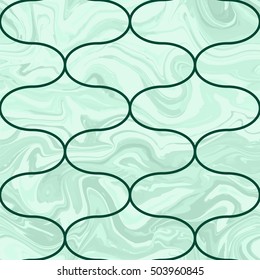 Abstract geometric seamless pattern. Trendy textile or interior wallpaper. Tony natural light beige and green "emerald" color shades. Waves shapes background with marble texture.