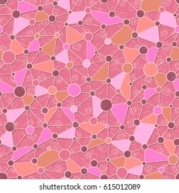 Abstract geometric seamless pattern from triangles and circles on floral background. Modern design. 