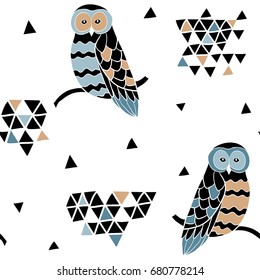 Abstract geometric seamless pattern with triangles and owls. Cartoon illustration. Repeated texture for paper, textile print, page fill. Vector art