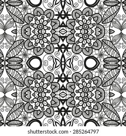 Abstract geometric seamless pattern. Tribal ethnic Arabian Indian ornament. Fashion repeating texture, hand drawn artwork, vector illustration. Black and white