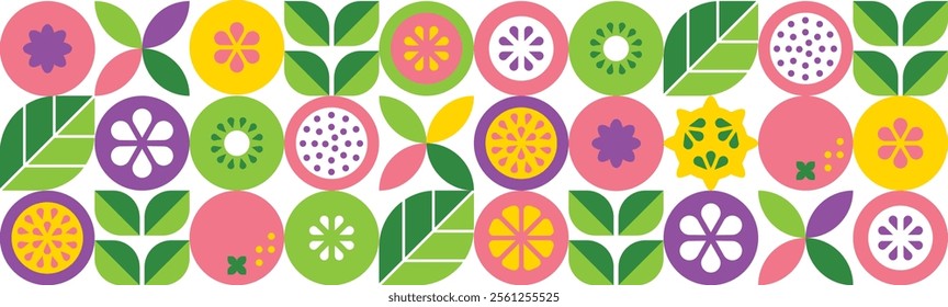 Abstract geometric seamless pattern with tropical fruits and leaves.Set of icons in simple flat style.Organic food. Modern botanical background.Vector illustration.