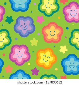 Abstract geometric seamless pattern with varicolored smiling stars and rainbow flowers. Vector illustration.