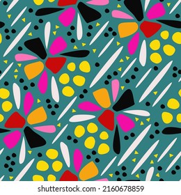Abstract geometric seamless pattern. Various bright shapes on background of sea wave color.