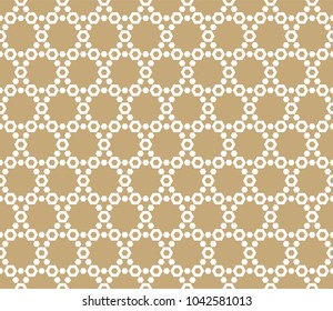 Abstract geometric seamless pattern. Vector golden grid texture, elegant hexagonal lattice, mesh. Oriental traditional luxury background. Subtle gold and white ornament, repeat tiles, modern design